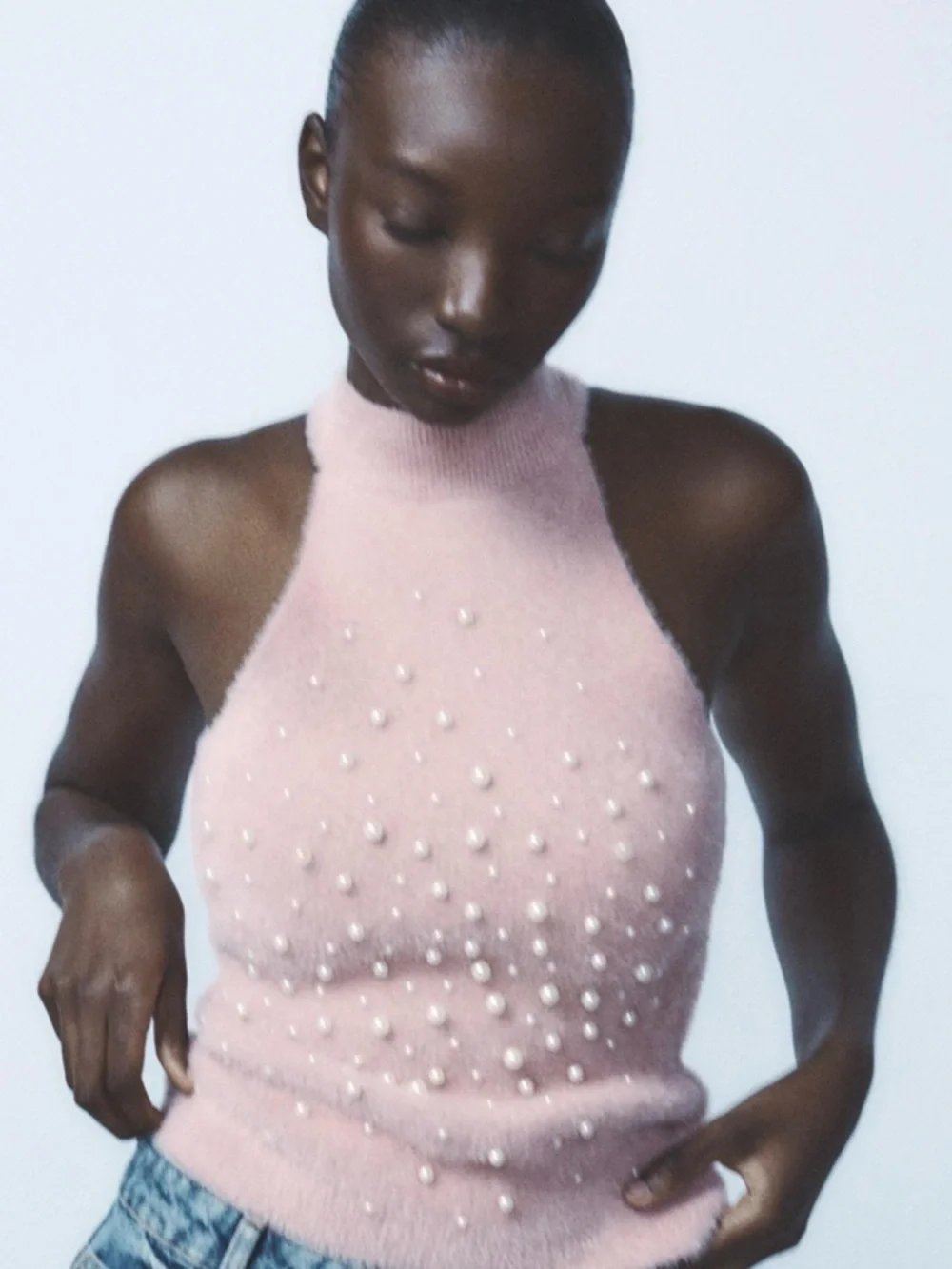 ZARA Pearl-Embellished Halter Neck Fuzzy Knit Top - Pastel Pink - NWT - Size M - Picture 1 of 5